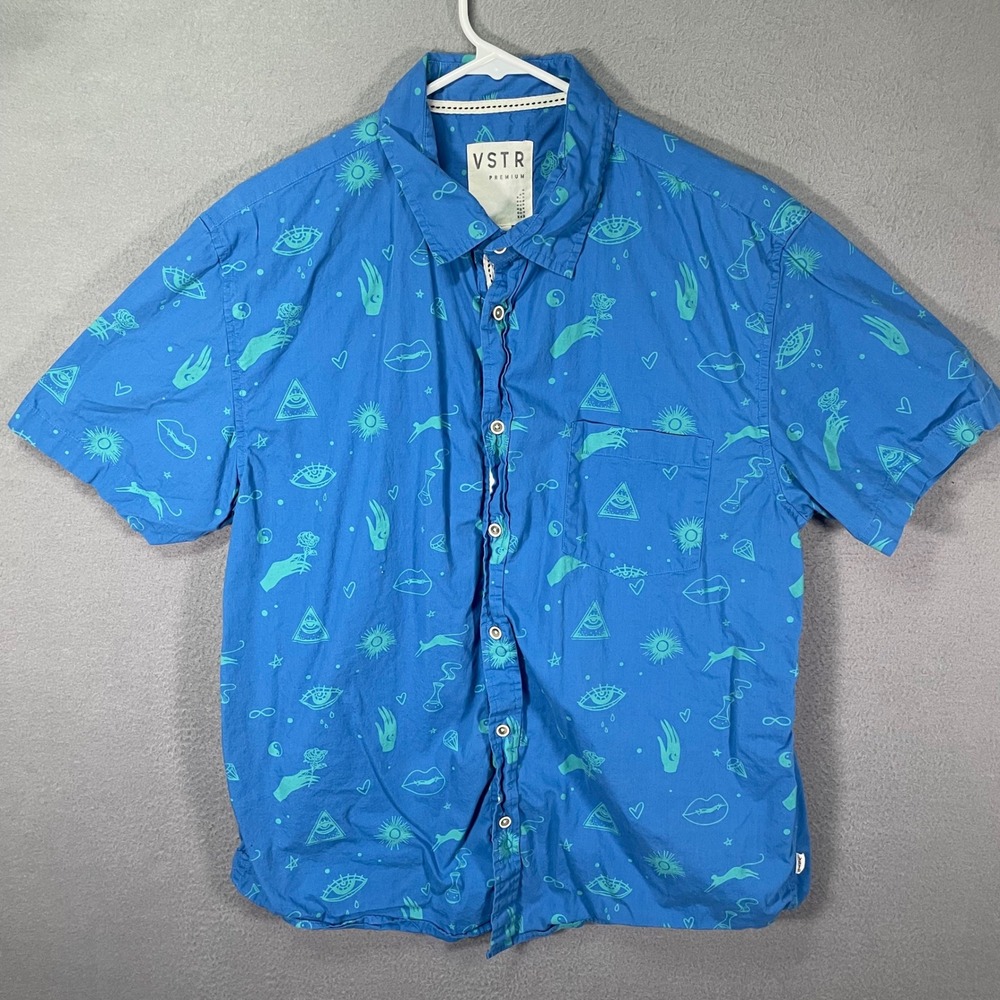 VSTR Mens XL Button Down Shirt Blue Graphic Boho‎ Short Sleeve